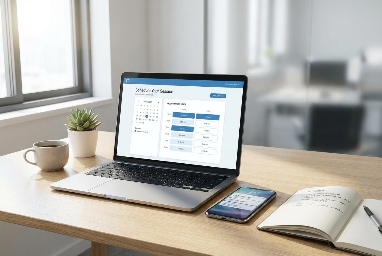 A laptop on a desk showing an appointment calendar
