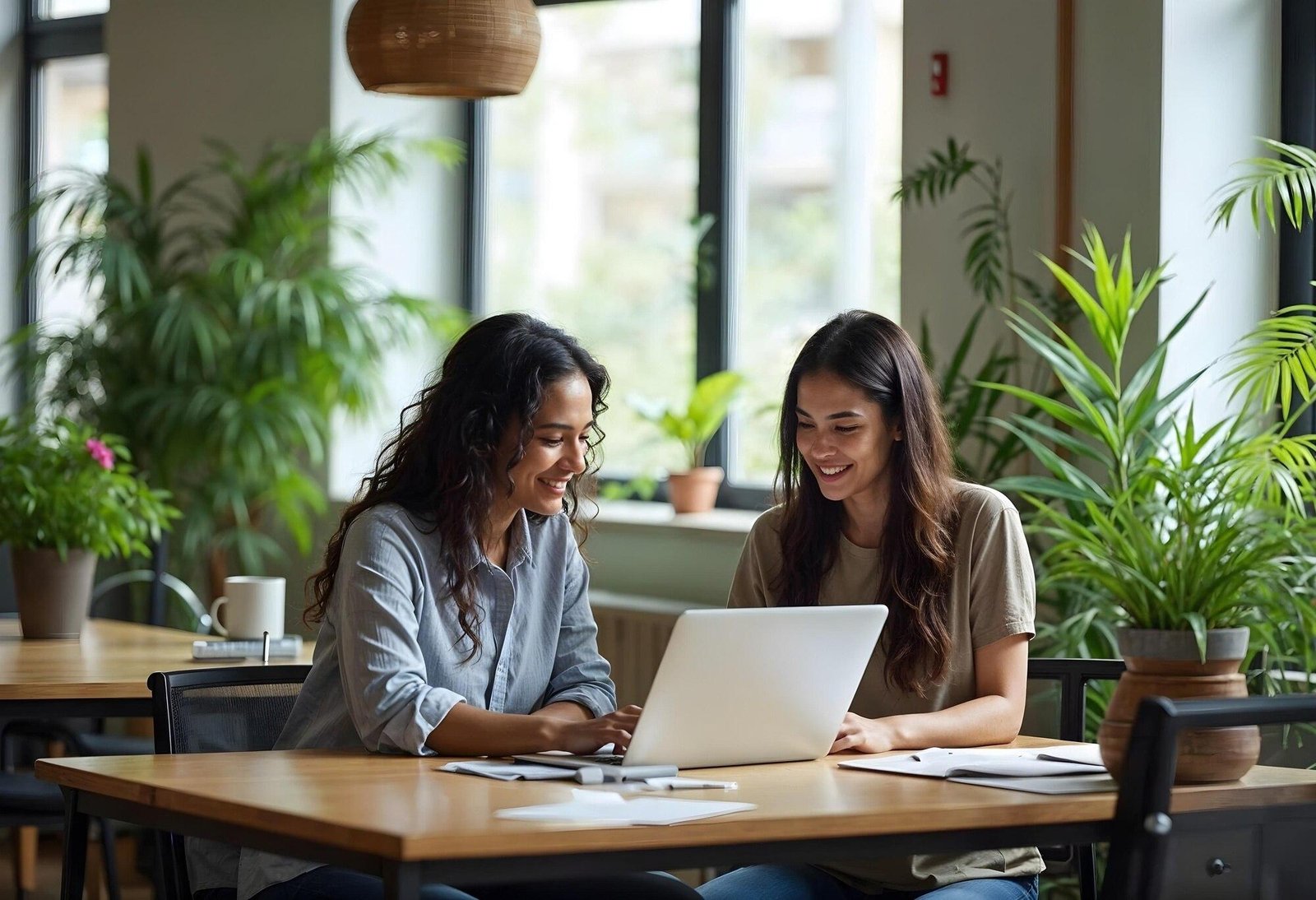 Two people smiling as they work together at a laptop